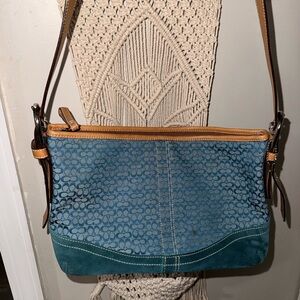 Blue Coach Suede and Canvas Shoulder Bag - Tan Trim